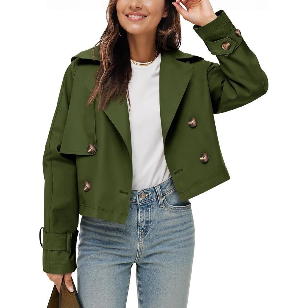 🆕Women's Army Green Cropped Trench Coat Lapel Double Breasted Jacket Outwear